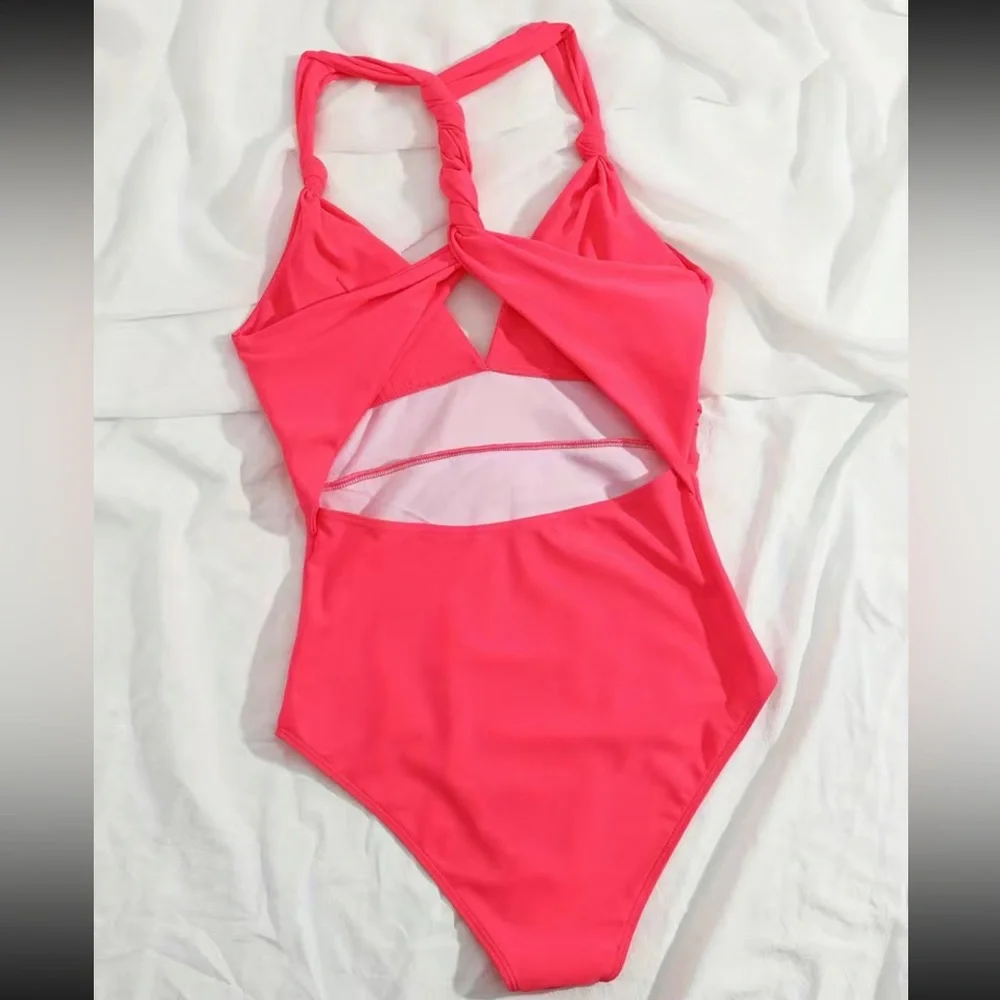 Boho watermelon pink knotted V neck swimsuit